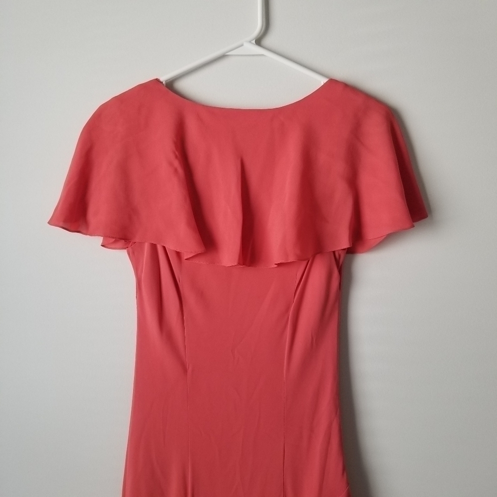 Talbots Pure Silk Coral Maxi Dress Asymmetrical Ruffle Hem Size 8 - Picture 3 of 13